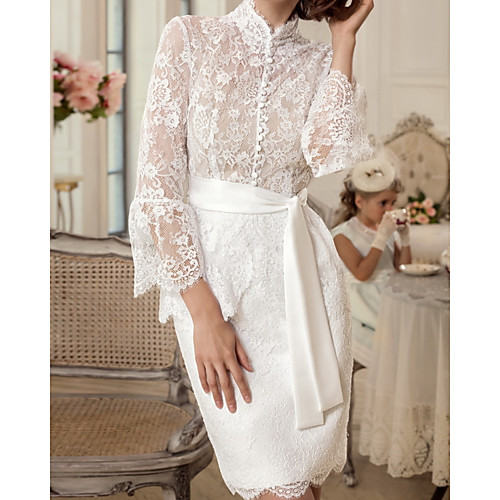 

Sheath / Column Mother of the Bride Dress Elegant Vintage Queen Anne Knee Length Chiffon Lace Long Sleeve with Sash / Ribbon Embroidery 2021