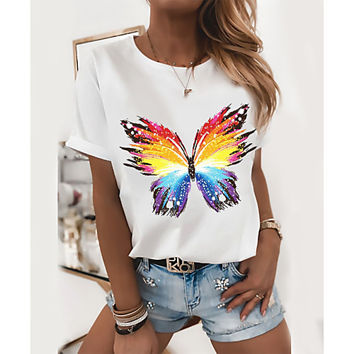 

Women's T shirt Butterfly Heart Graphic Prints Round Neck Tops 100% Cotton Basic Top White Black Red