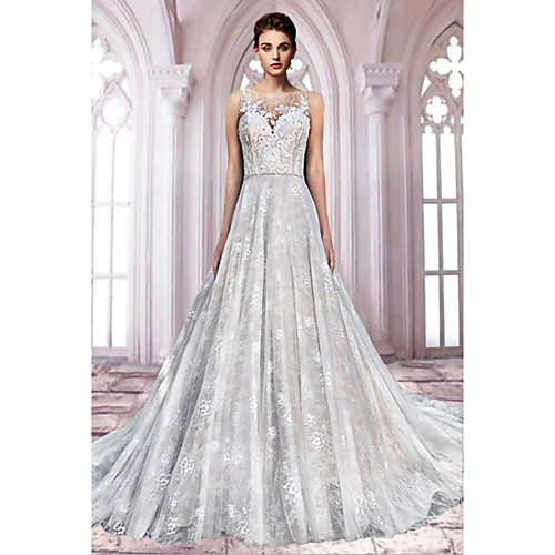 

A-Line Wedding Dresses Jewel Neck Sweep / Brush Train Lace Tulle Sleeveless Formal Sexy See-Through with Embroidery 2020