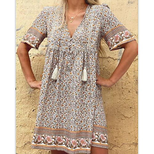 

Women's A-Line Dress Knee Length Dress - Short Sleeves Floral Summer Casual 2020 Light Brown S M L XL XXL XXXL