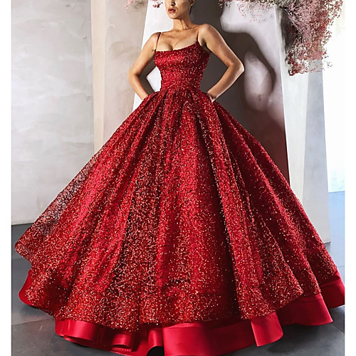 

Ball Gown Luxurious Sparkle Engagement Formal Evening Valentine's Day Dress Spaghetti Strap Sleeveless Floor Length Satin with Sequin Tier 2021