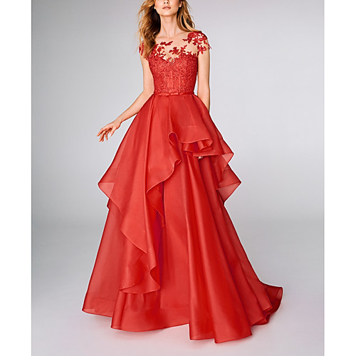 

A-Line Elegant Floral Engagement Formal Evening Dress Illusion Neck Short Sleeve Floor Length Tulle with Sash / Ribbon Tier Appliques 2020