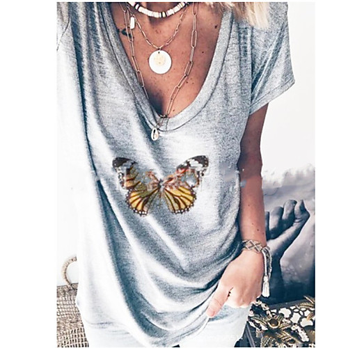 

Women's T-shirt Geometric Tops V Neck Cotton Daily Summer Gray S M L XL 2XL 3XL