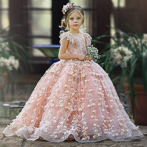 

Princess / Ball Gown Floor Length Wedding / Party Flower Girl Dresses - Tulle Sleeveless Jewel Neck with Appliques / Cascading Ruffles / Solid