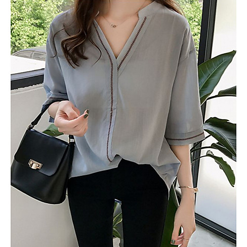

Women's Tops Solid Colored Blouse V Neck Daily Blue Beige M L XL 2XL 3XL 4XL