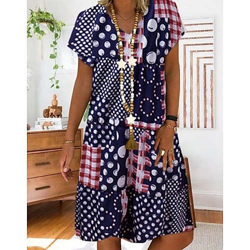 

Women's A Line Dress Knee Length Dress Blue Red Green Short Sleeve Geometric Summer V Neck Work 2021 S M L XL XXL 3XL 4XL 5XL