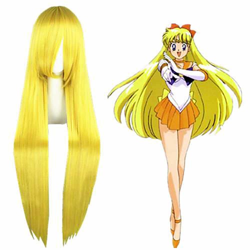 

Cosplay Wig Sailor Venus Sailor Moon Straight Cosplay Asymmetrical Wig Very Long Yellow Synthetic Hair 38 inch Women's Anime Cosplay Adorable Yellow