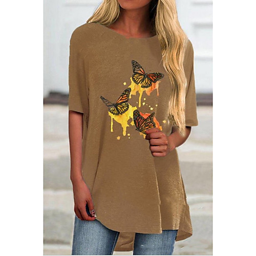 

Women's T shirt Dress Tunic T shirt Butterfly Printing Animal Round Neck Tops Cotton Basic Top Blue Khaki Light Blue