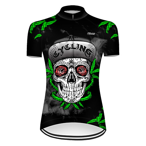 

21Grams Women's Short Sleeve Cycling Jersey Nylon Black / Green Leaf Novelty Skull Bike Jersey Top Mountain Bike MTB Road Bike Cycling Quick Dry Breathable Sports Clothing Apparel / Micro-elastic