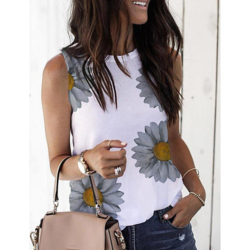 

Women's T-shirt Floral Tops Round Neck Daily Summer White S M L XL 2XL 3XL