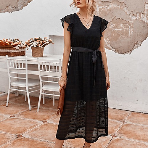 

Women's A-Line Dress Midi Dress - Short Sleeves Solid Color Summer Casual 2020 White Black S M L XL