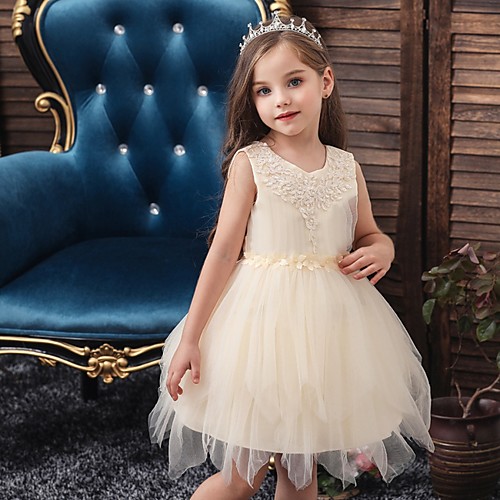 

Princess / Ball Gown Short / Mini Wedding / Party Flower Girl Dresses - Tulle Sleeveless Jewel Neck with Sash / Ribbon / Appliques
