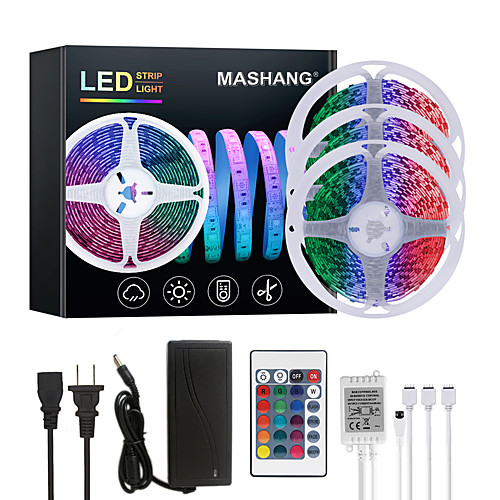 

15M(3x5M) LED Strip Lights RGB Tiktok Lights 900LEDs Flexible Color Change SMD 5050 with 24 Keys IR Remote Controller and 100-240V Adapter for Home Bedroom Kitchen TV Back Lights DIY Deco