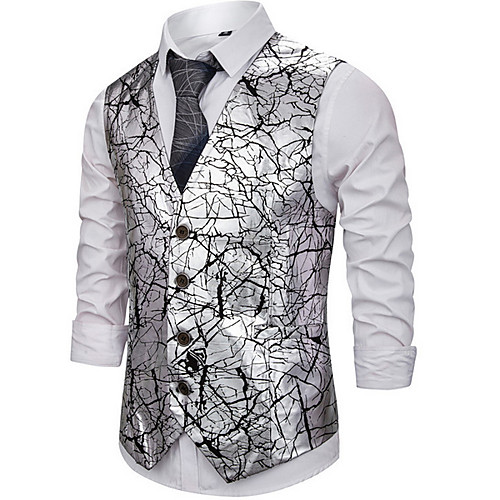 

Gold / Silver Geometric Regular Fit Polyester Men's Suit - V Neck