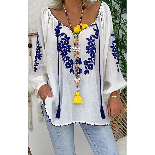 

Women's Blouse Floral Tops V Neck Daily Summer White Blue Red S M L XL