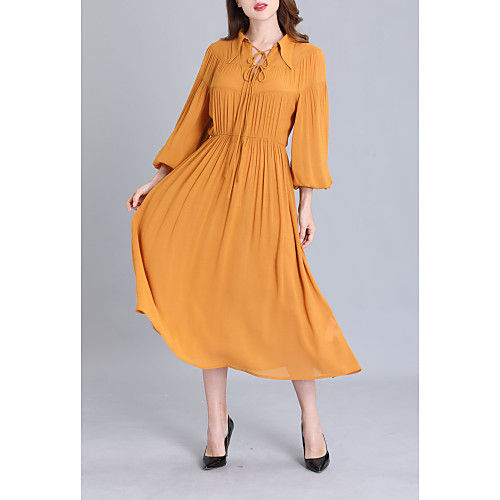 

Women's Sheath Dress Midi Dress - Long Sleeve Solid Color Spring Summer Casual Elegant Daily Lantern Sleeve 2020 Orange XS S M L XL