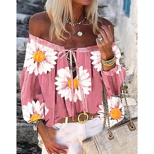 

Women's Blouse Floral Tops - Print Off Shoulder Basic Daily Blushing Pink M L XL 2XL 3XL