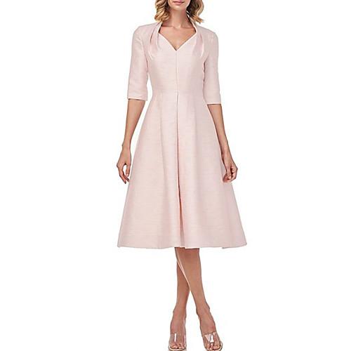 

A-Line Mother of the Bride Dress Elegant V Neck Tea Length Satin Short Sleeve with Pleats 2021