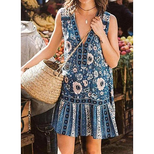 

Women's A-Line Dress Knee Length Dress - Sleeveless Floral Summer Casual 2020 Navy Blue S M L XL