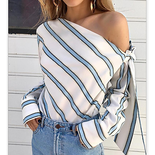 

Women's Blouse Striped Tops One Shoulder Daily White Blushing Pink S M L XL 2XL