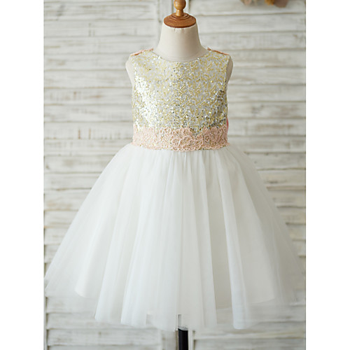 

A-Line Knee Length Wedding / Birthday / Pageant Flower Girl Dresses - Tulle / Sequined Sleeveless Jewel Neck with Bows / Appliques