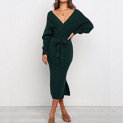 

Women's Sweater Dress Midi Dress - Long Sleeve Solid Color Winter Casual Sexy 2020 Green S M L XL XXL