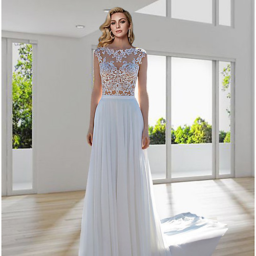 

A-Line Wedding Dresses Jewel Neck Sweep / Brush Train Lace Tulle Cap Sleeve Beach Boho Sexy See-Through with Embroidery 2020
