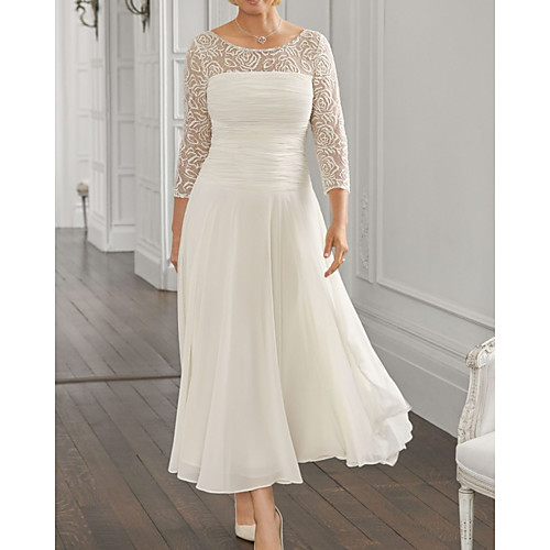 

A-Line Mother of the Bride Dress Elegant Jewel Neck Ankle Length Chiffon Lace 3/4 Length Sleeve with Sequin Ruching 2021