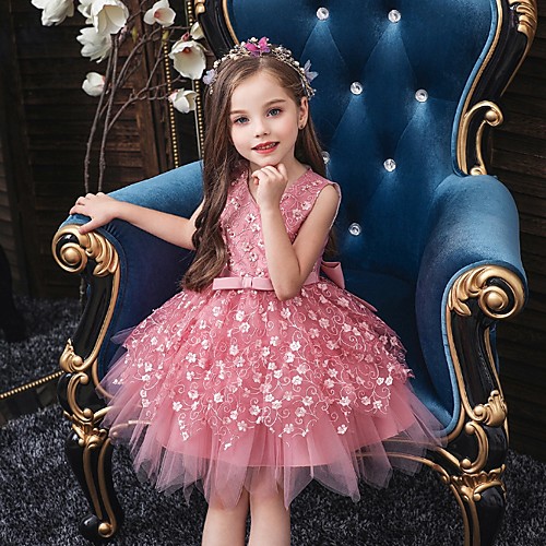 

Princess / Ball Gown Mini Wedding / Party Flower Girl Dresses - Tulle Sleeveless V Neck with Sash / Ribbon / Bow(s) / Appliques