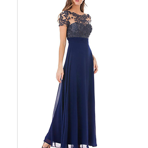 

Sheath / Column Mother of the Bride Dress Elegant Jewel Neck Floor Length Chiffon Lace Short Sleeve with Embroidery 2021