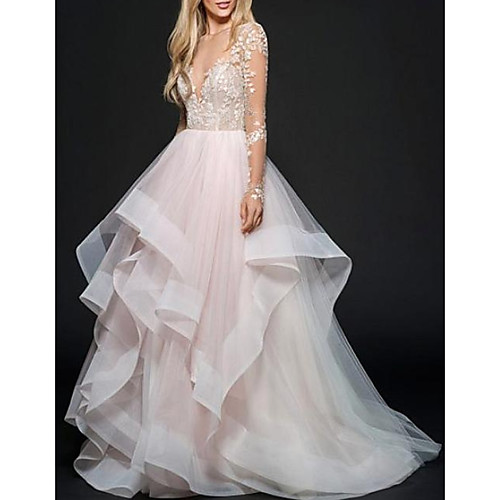 

A-Line Wedding Dresses Jewel Neck Sweep / Brush Train Lace Organza Tulle Long Sleeve Country Sexy See-Through Backless with Embroidery Appliques Cascading Ruffles 2020