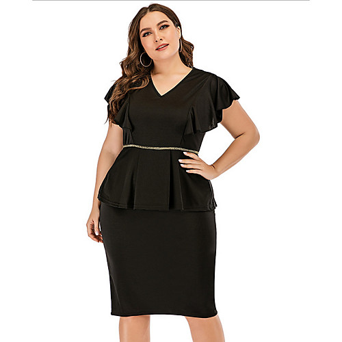 

Women's Plus Size Sheath Dress Knee Length Dress - Short Sleeves Solid Color Summer V Neck Casual Vintage 2020 Black L XL XXL XXXL XXXXL