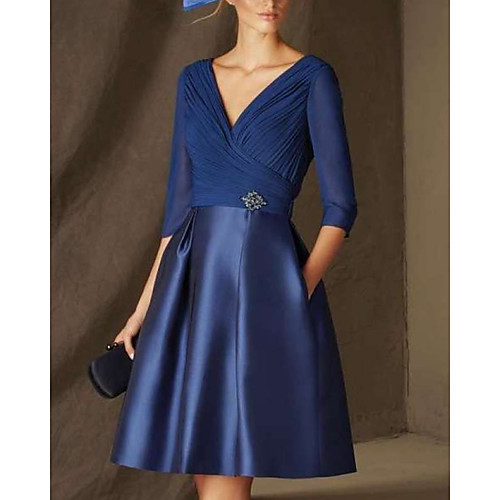 

A-Line Mother of the Bride Dress Elegant V Neck Short / Mini Satin 3/4 Length Sleeve with Pleats Beading 2021