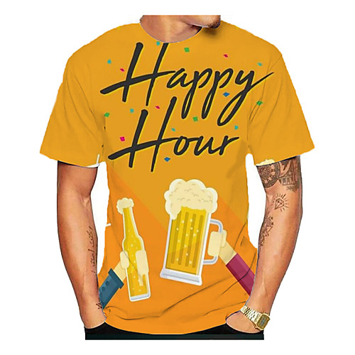 

Men's T shirt Graphic Beer Print Short Sleeve Daily Tops Yellow