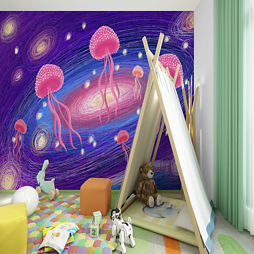 

Art Deco Home Decoration Modern Wall Covering Custom Self Adhesive Mural Wallpaper Purple Jellyfish Children Cartoon Style Suitable For Bedroom