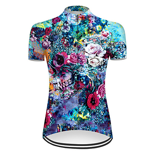 

21Grams Women's Short Sleeve Cycling Jersey Nylon Blue Skull Floral Botanical Bike Top Mountain Bike MTB Road Bike Cycling Breathable Sports Clothing Apparel / Micro-elastic