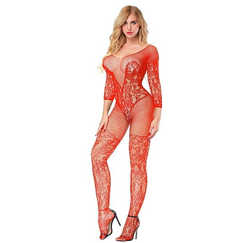 

Women's Lace Backless Cut Out Bodysuits Nightwear Jacquard Solid Colored Black / Red One-Size