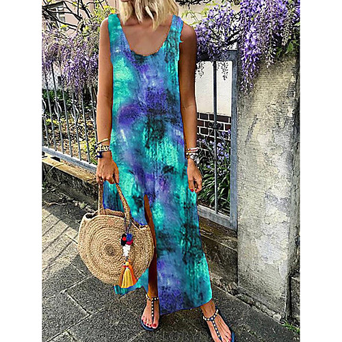 

Women's Shift Dress Maxi long Dress - Sleeveless Tie Dye Summer Casual Chinoiserie 2020 Blue Purple Red Green Rainbow S M L XL XXL