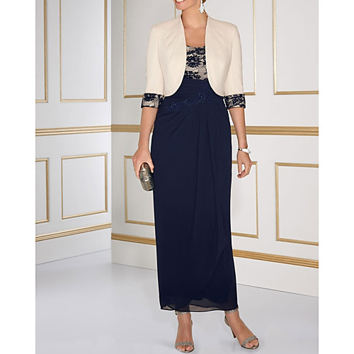 

Two Piece Sheath / Column Mother of the Bride Dress Elegant Jewel Neck Ankle Length Chiffon Lace Satin 3/4 Length Sleeve with Pleats Appliques 2021