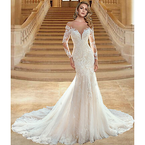 

Mermaid / Trumpet Wedding Dresses Off Shoulder Sweep / Brush Train Lace Tulle Long Sleeve Formal Sexy Elegant Illusion Sleeve with Embroidery 2020