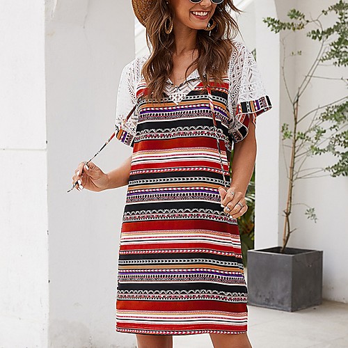 

Women's Shift Dress Knee Length Dress - Short Sleeves Striped Summer Casual 2020 Red Yellow S M L XL