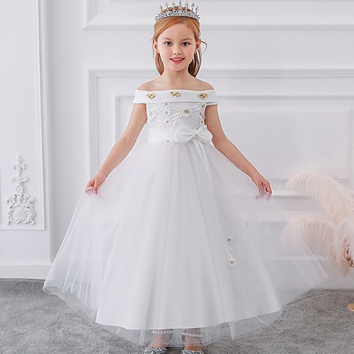 

Princess / Ball Gown Floor Length Wedding / Party Flower Girl Dresses - Tulle Short Sleeve Off Shoulder with Sash / Ribbon / Bow(s) / Appliques