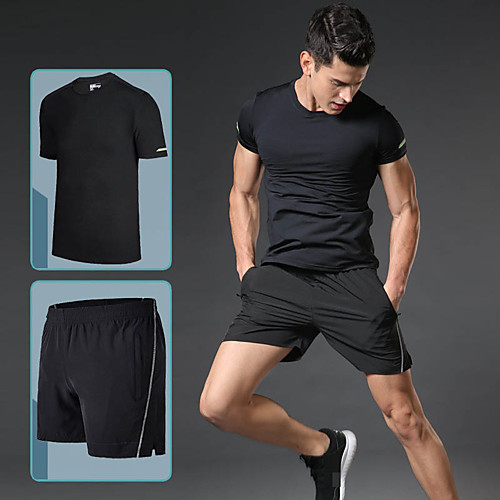

Men's Pocket Drawstring Tracksuit Activewear Set Workout Outfits 2pcs Round Running Active Training Jogging Reflective Breathable Quick Dry Sportswear Athletic Clothing Set Short Sleeve Activewear