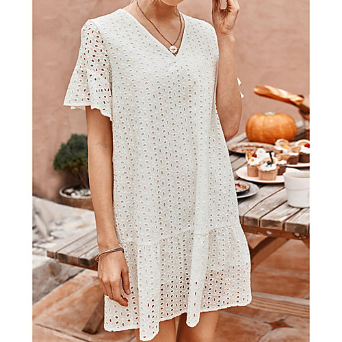 

Women's A Line Dress Short Mini Dress White Black Short Sleeve Solid Color Summer V Neck Elegant Casual Cotton 2021 S M L XL