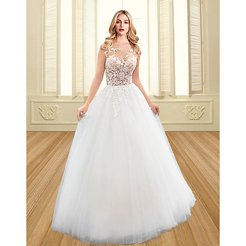 

A-Line Wedding Dresses Jewel Neck Sweep / Brush Train Lace Tulle Sleeveless Sexy See-Through with Beading Embroidery Appliques 2020