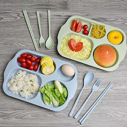 

4pcs Set Baby Lovely Bowl Wheat Material Children's Sectional Dinner Plate Wheat Straw Material Bowl Tableware Set Plastic Solid color