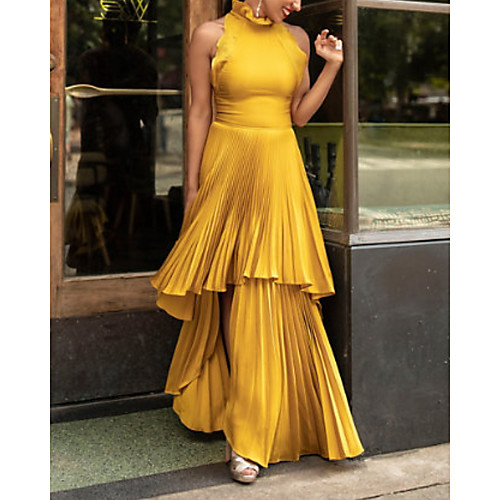 

Sheath / Column Elegant Maxi Party Wear Prom Dress High Neck Sleeveless Floor Length Satin with Pleats Ruffles Tier 2020