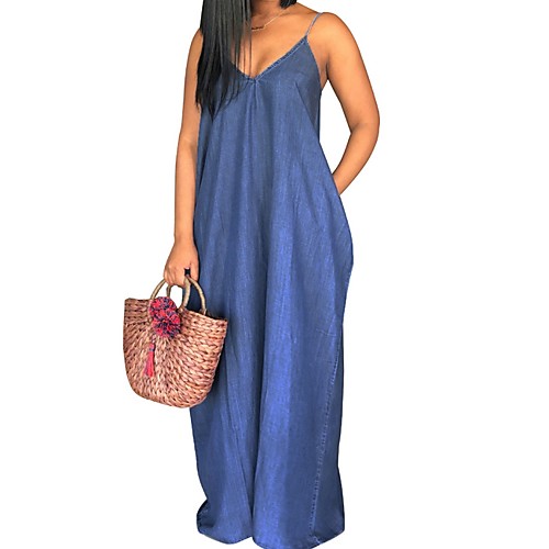 

Women's A Line Dress Maxi long Dress Blue Navy Blue Sleeveless Solid Color Summer V Neck Casual 2021 M L XL XXL 3XL