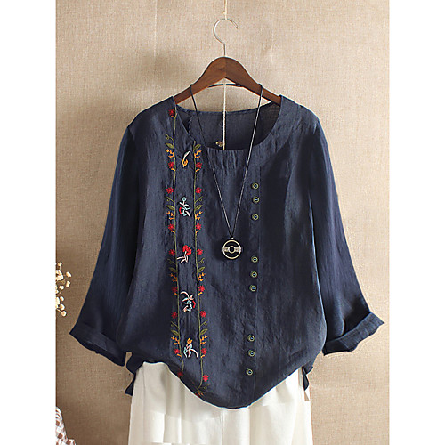 

Women's Blouse Floral Tops - Embroidered Round Neck Loose Cotton Basic Daily Spring Fall White Red Green Navy Blue M L XL 2XL 3XL 4XL 5XL