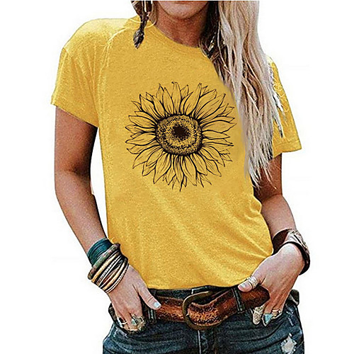 

Women's T-shirt Floral Tops Round Neck Cotton Daily Summer Yellow S M L XL 2XL 3XL